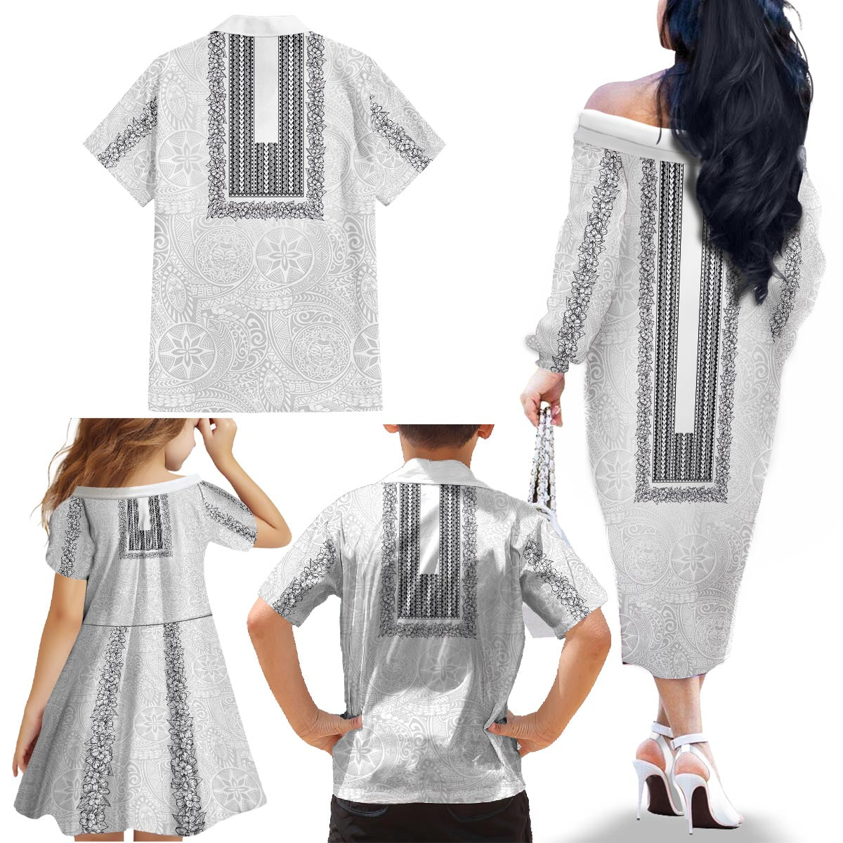 Philippines Polynesian Jasmine Pattern Family Matching Off The Shoulder Long Sleeve Dress and Hawaiian Shirt With Barong Tagalog White Style