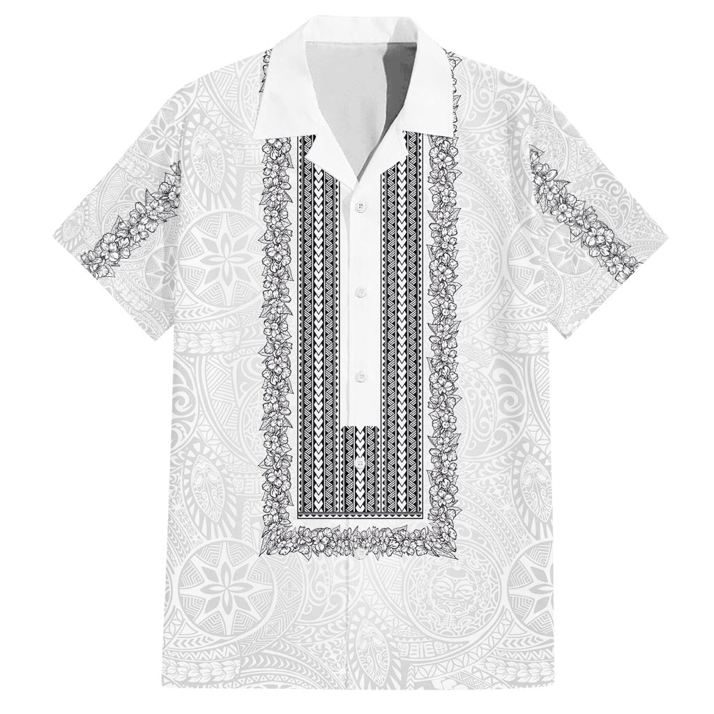 Philippines Polynesian Jasmine Pattern Family Matching Off Shoulder Short Dress and Hawaiian Shirt With Barong Tagalog White Style