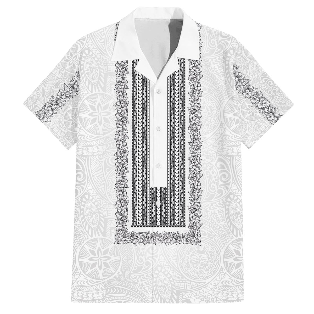 Philippines Polynesian Jasmine Pattern Family Matching Puletasi and Hawaiian Shirt With Barong Tagalog White Style