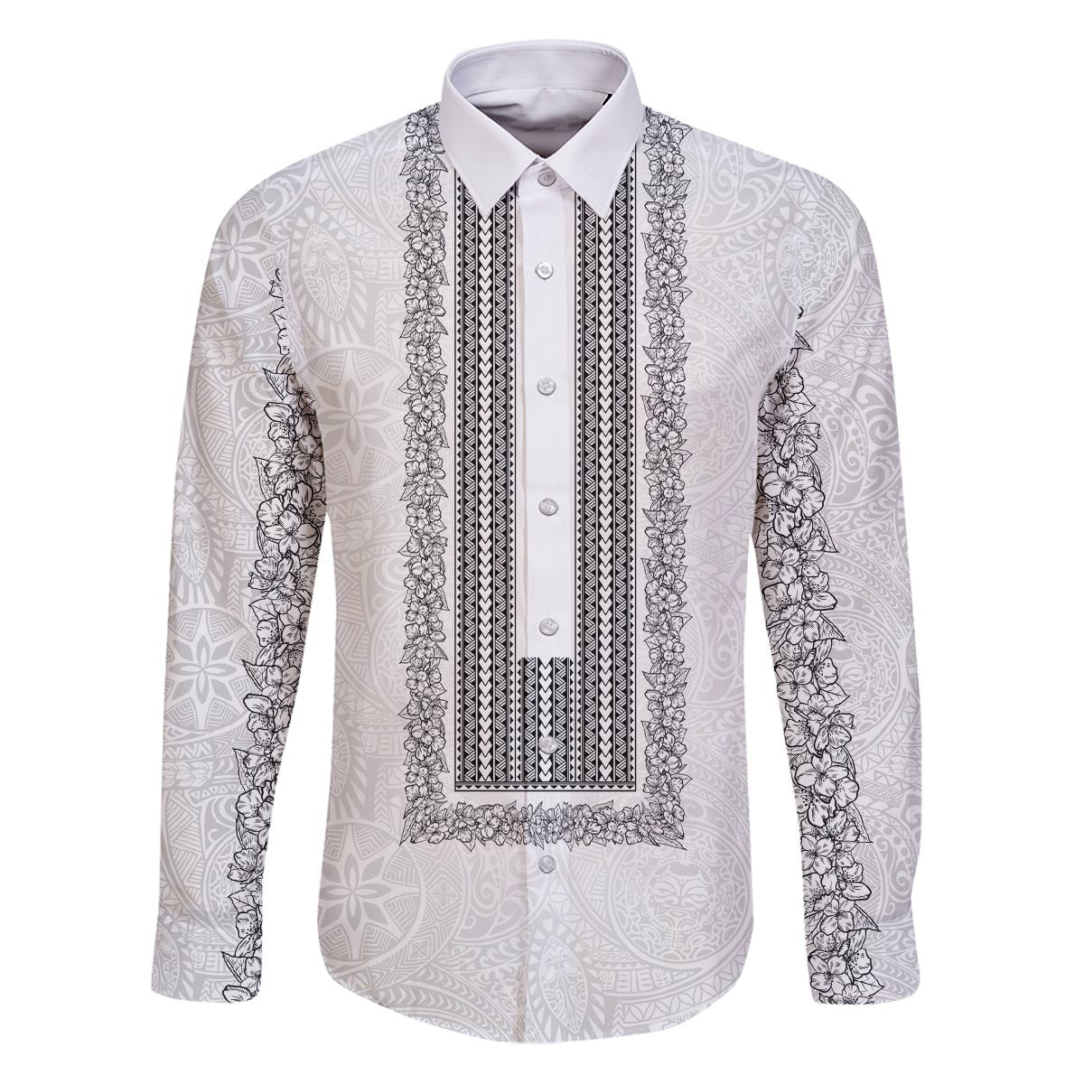 Philippines Polynesian Jasmine Pattern Family Matching Puletasi and Hawaiian Shirt With Barong Tagalog White Style