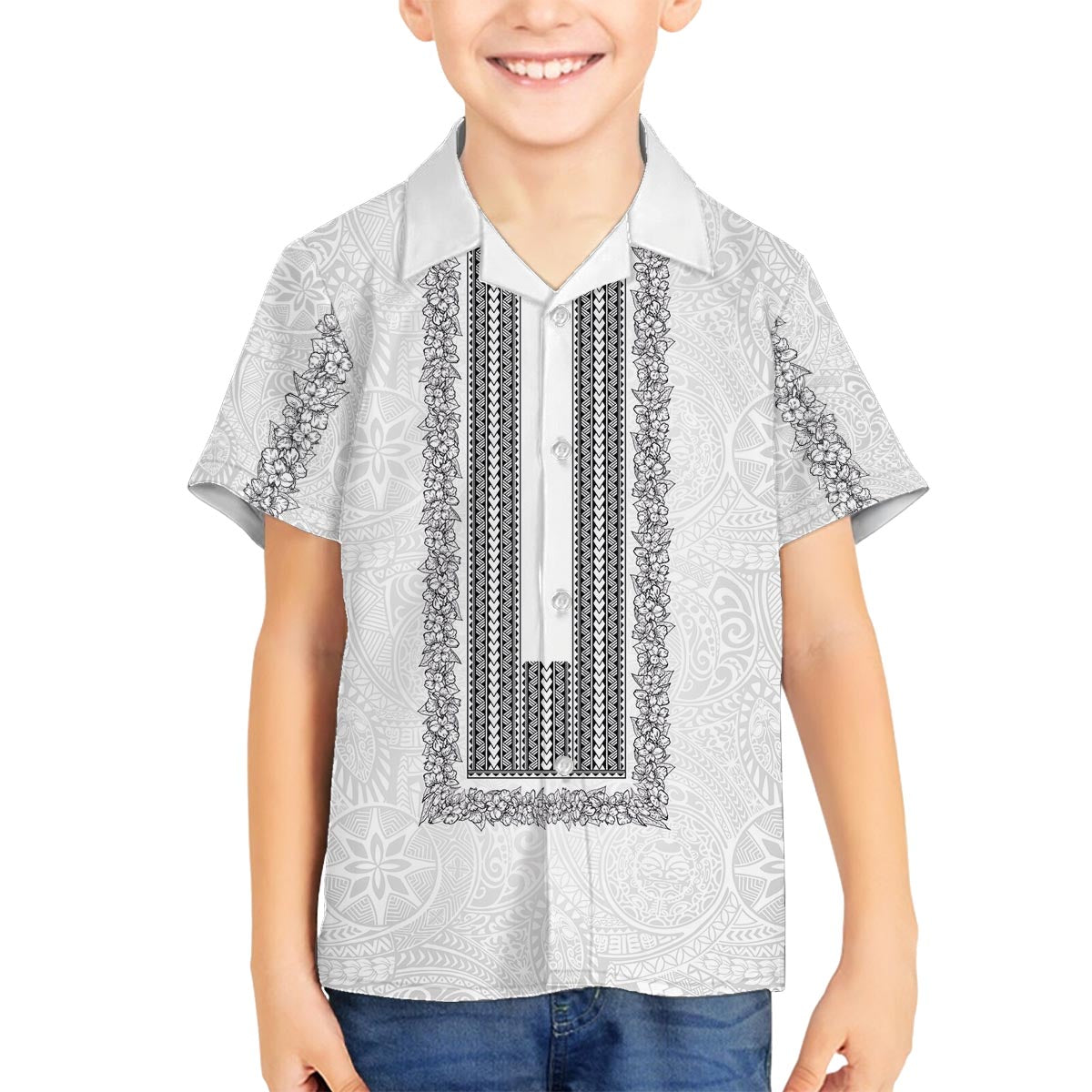 Philippines Polynesian Jasmine Pattern Family Matching Puletasi and Hawaiian Shirt With Barong Tagalog White Style