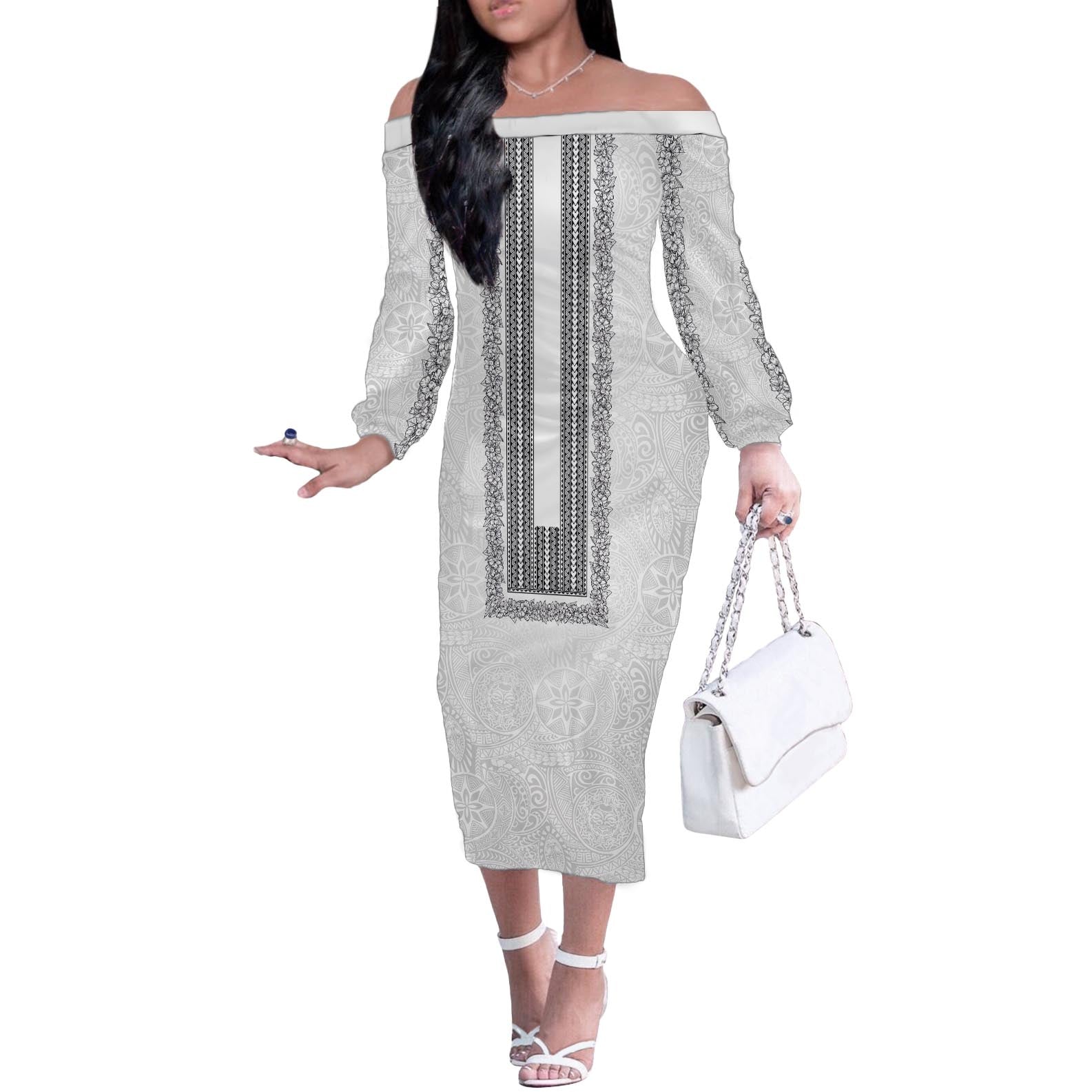 Philippines Polynesian Jasmine Pattern Off The Shoulder Long Sleeve Dress With Barong Tagalog White Style