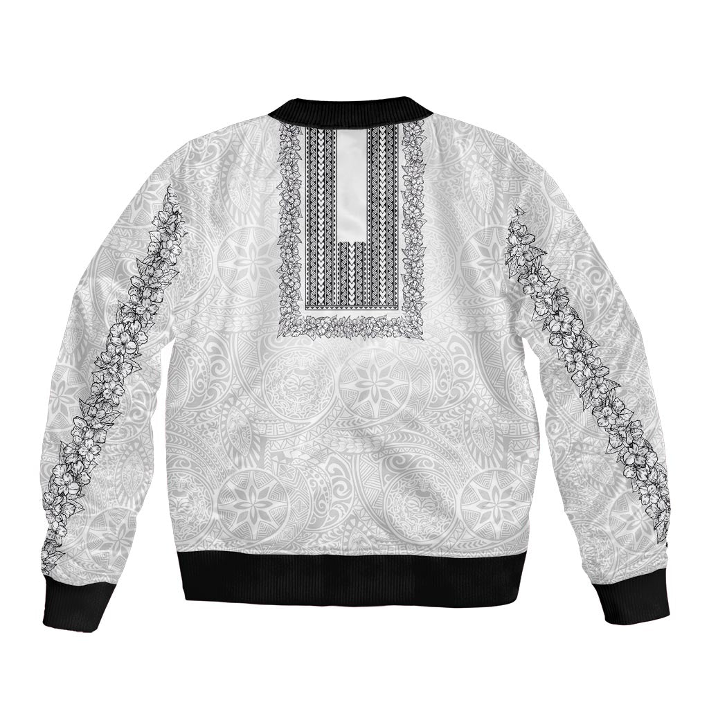 Philippines Polynesian Jasmine Pattern Sleeve Zip Bomber Jacket With Barong Tagalog White Style
