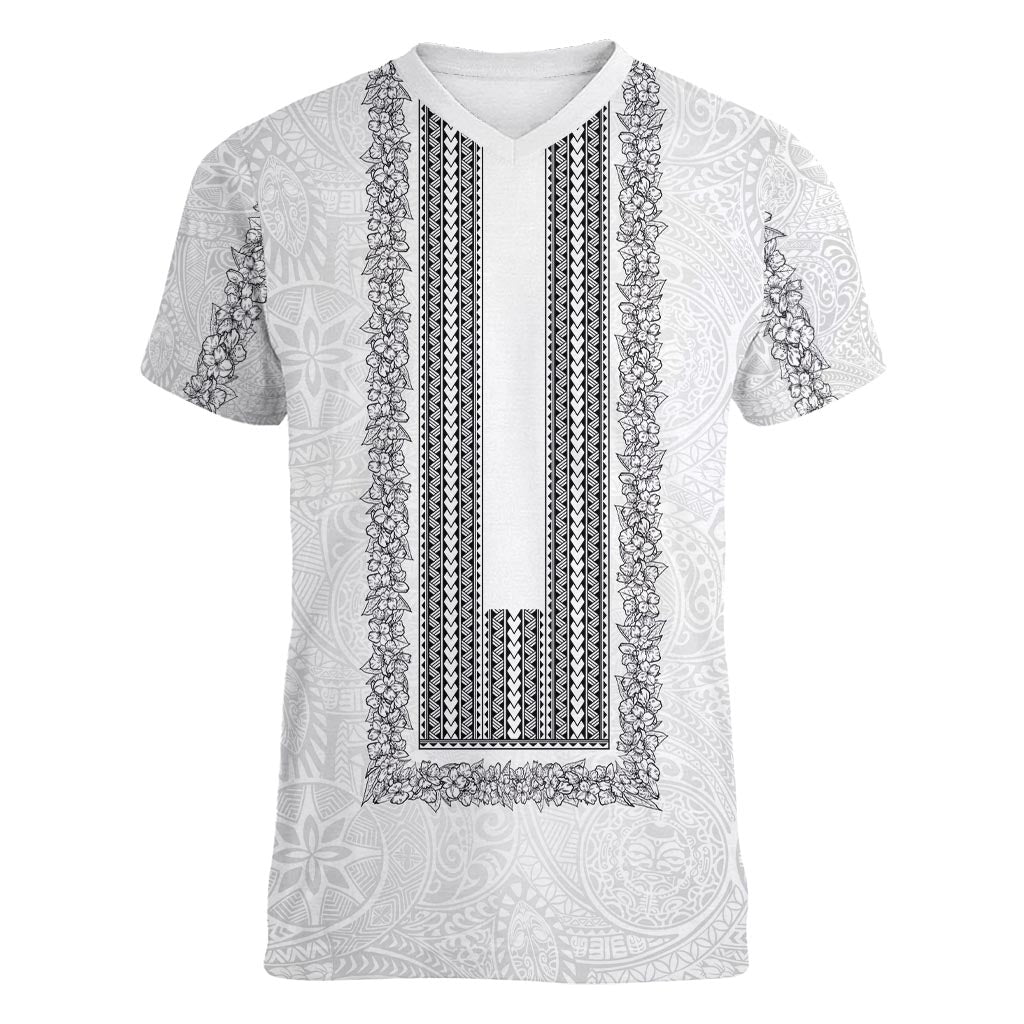 Philippines Polynesian Jasmine Pattern Women V-Neck T-Shirt With Barong Tagalog White Style
