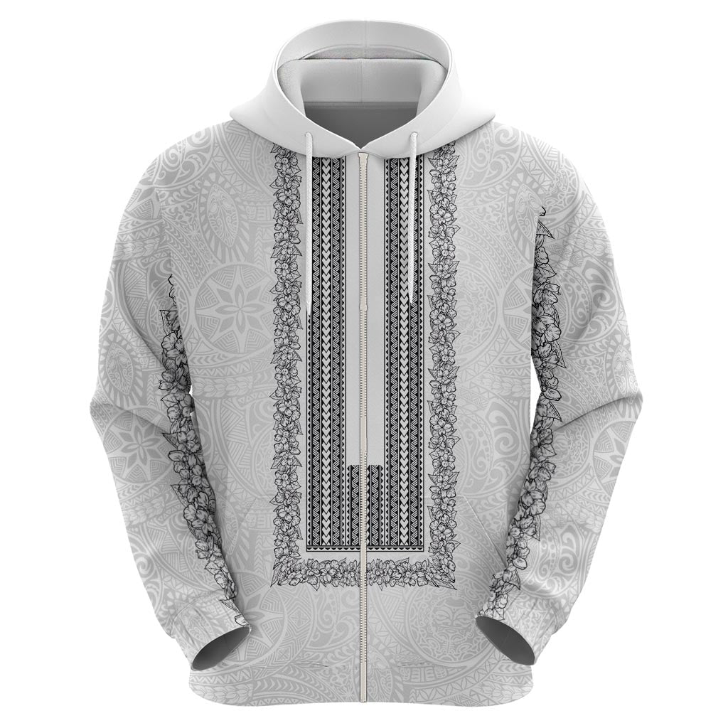 Philippines Polynesian Jasmine Pattern Zip Hoodie With Barong Tagalog White Style