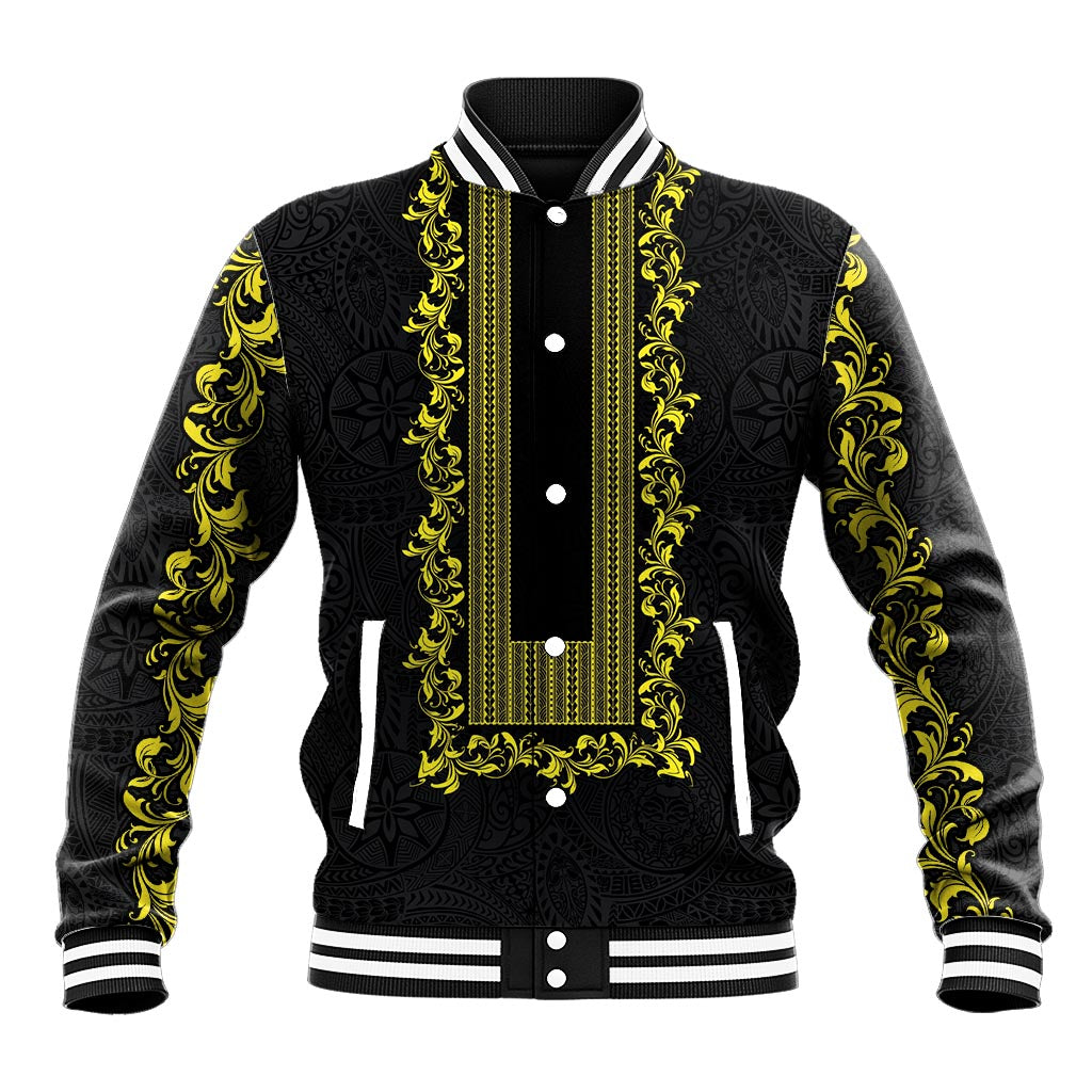 Philippines Polynesian Floral Pattern Baseball Jacket With Barong Tagalog Black Style