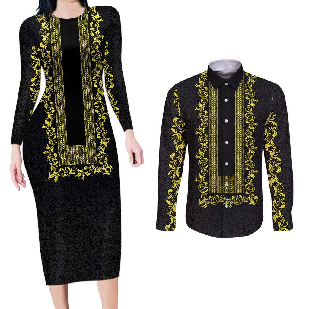 Philippines Polynesian Floral Pattern Couples Matching Long Sleeve Bodycon Dress and Long Sleeve Button Shirt With Barong Tagalog Black Style
