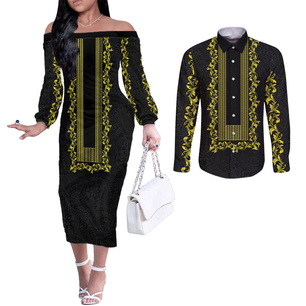 Philippines Polynesian Floral Pattern Couples Matching Off The Shoulder Long Sleeve Dress and Long Sleeve Button Shirt With Barong Tagalog Black Style