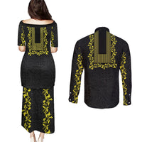 Philippines Polynesian Floral Pattern Couples Matching Puletasi and Long Sleeve Button Shirt With Barong Tagalog Black Style