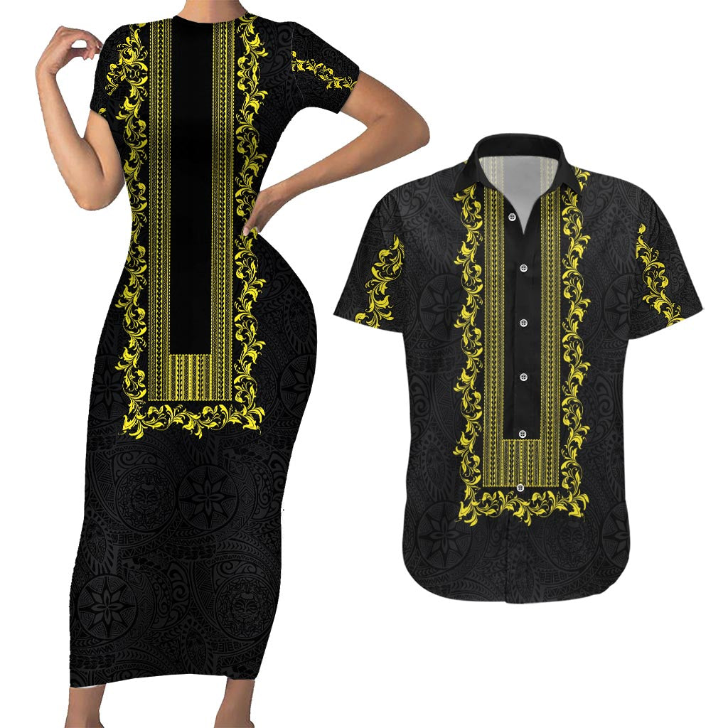 Philippines Polynesian Floral Pattern Couples Matching Short Sleeve Bodycon Dress and Hawaiian Shirt With Barong Tagalog Black Style