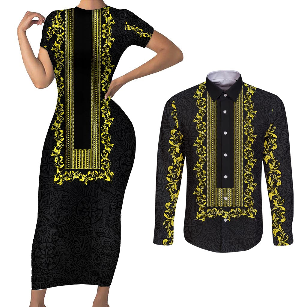 Philippines Polynesian Floral Pattern Couples Matching Short Sleeve Bodycon Dress and Long Sleeve Button Shirt With Barong Tagalog Black Style