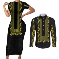 Philippines Polynesian Floral Pattern Couples Matching Short Sleeve Bodycon Dress and Long Sleeve Button Shirt With Barong Tagalog Black Style