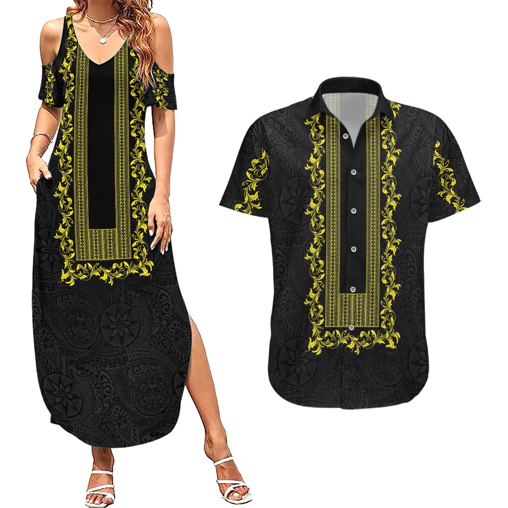 Philippines Polynesian Floral Pattern Couples Matching Summer Maxi Dress and Hawaiian Shirt With Barong Tagalog Black Style