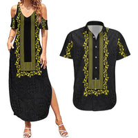 Philippines Polynesian Floral Pattern Couples Matching Summer Maxi Dress and Hawaiian Shirt With Barong Tagalog Black Style