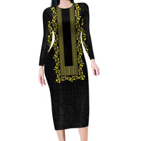 Philippines Polynesian Floral Pattern Family Matching Long Sleeve Bodycon Dress and Hawaiian Shirt With Barong Tagalog Black Style LT03 Mom's Dress Black - Polynesian Pride