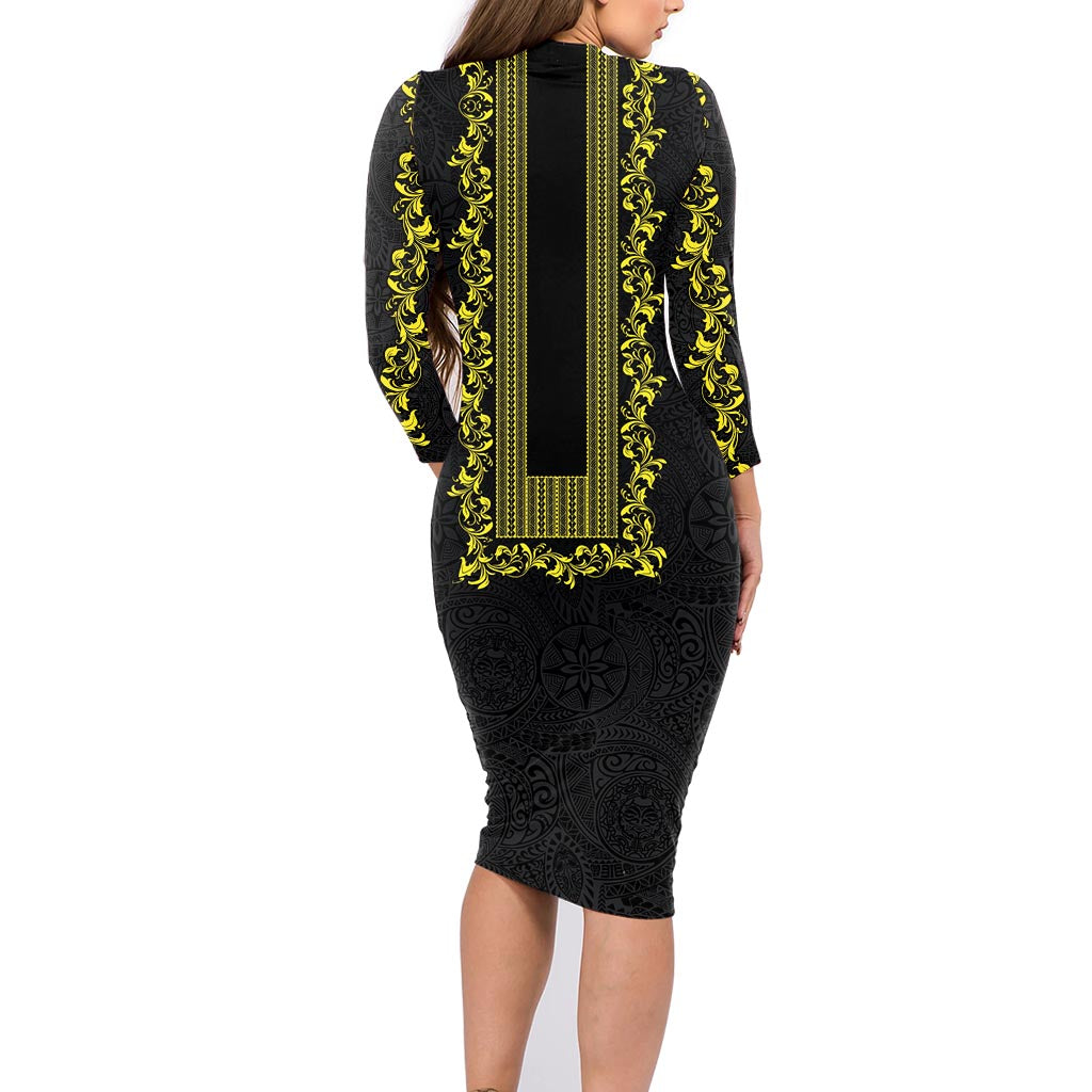Philippines Polynesian Floral Pattern Family Matching Long Sleeve Bodycon Dress and Hawaiian Shirt With Barong Tagalog Black Style LT03 - Polynesian Pride