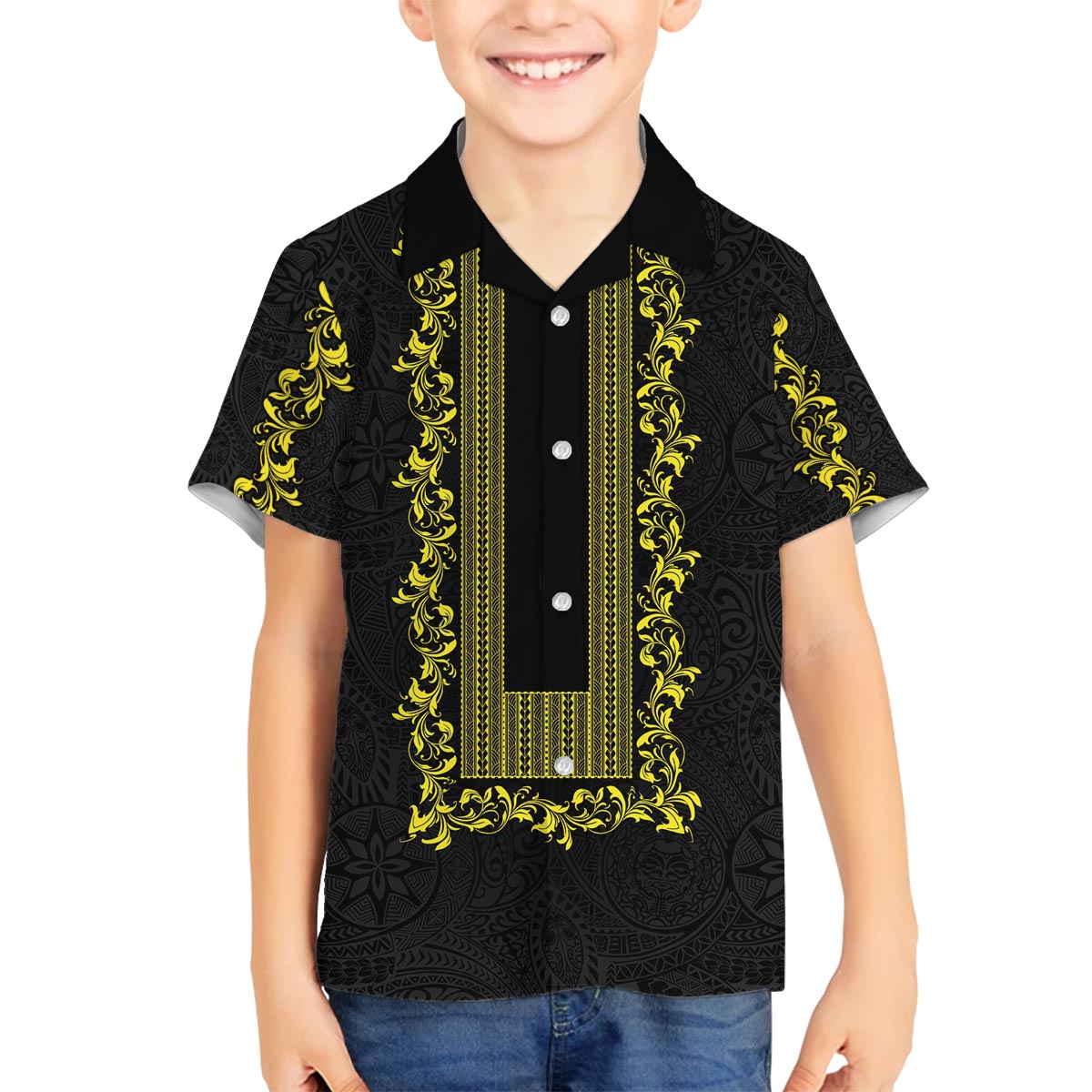 Philippines Polynesian Floral Pattern Family Matching Puletasi and Hawaiian Shirt With Barong Tagalog Black Style
