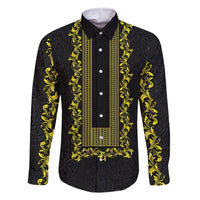 Philippines Polynesian Floral Pattern Family Matching Short Sleeve Bodycon Dress and Hawaiian Shirt With Barong Tagalog Black Style