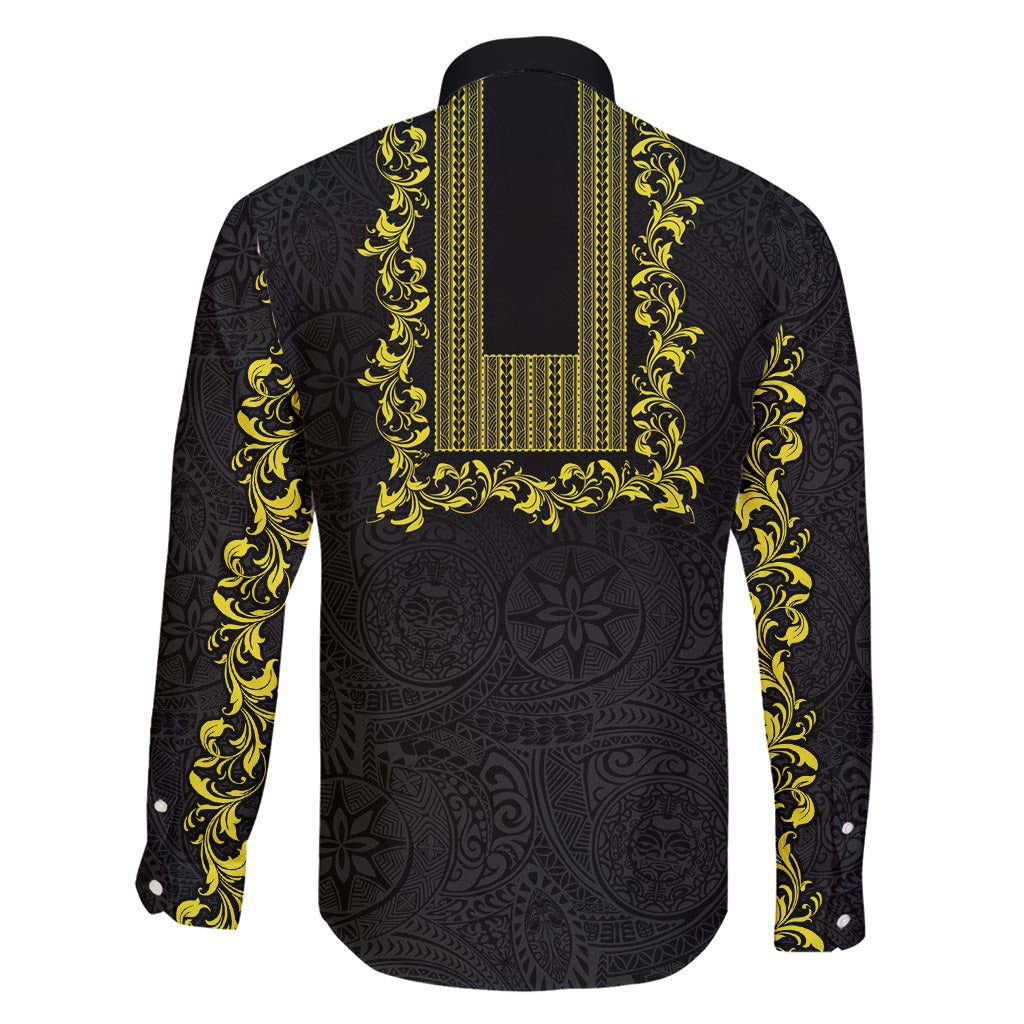 Philippines Polynesian Floral Pattern Family Matching Short Sleeve Bodycon Dress and Hawaiian Shirt With Barong Tagalog Black Style