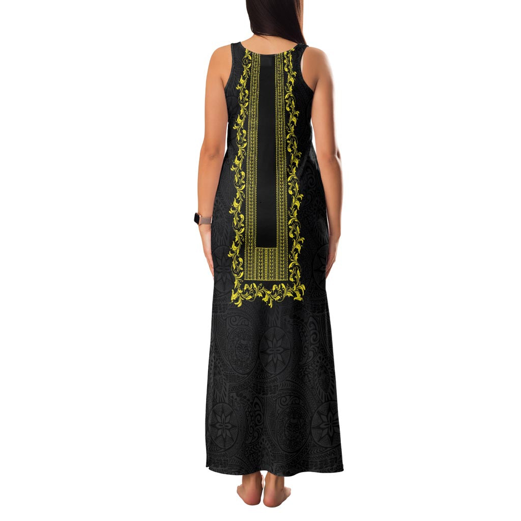 Philippines Polynesian Floral Pattern Family Matching Tank Maxi Dress and Hawaiian Shirt With Barong Tagalog Black Style