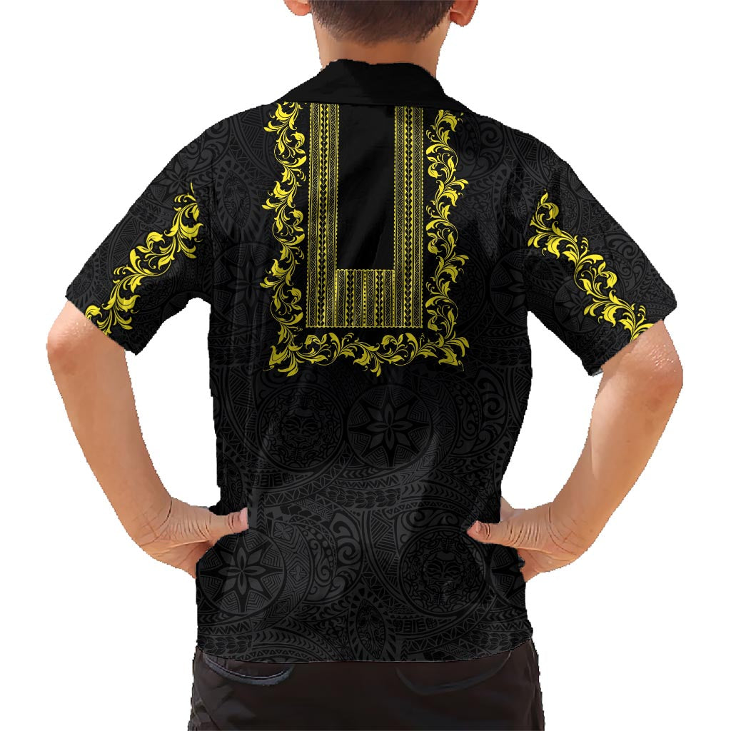 Philippines Polynesian Floral Pattern Kid Hawaiian Shirt With Barong Tagalog Black Style