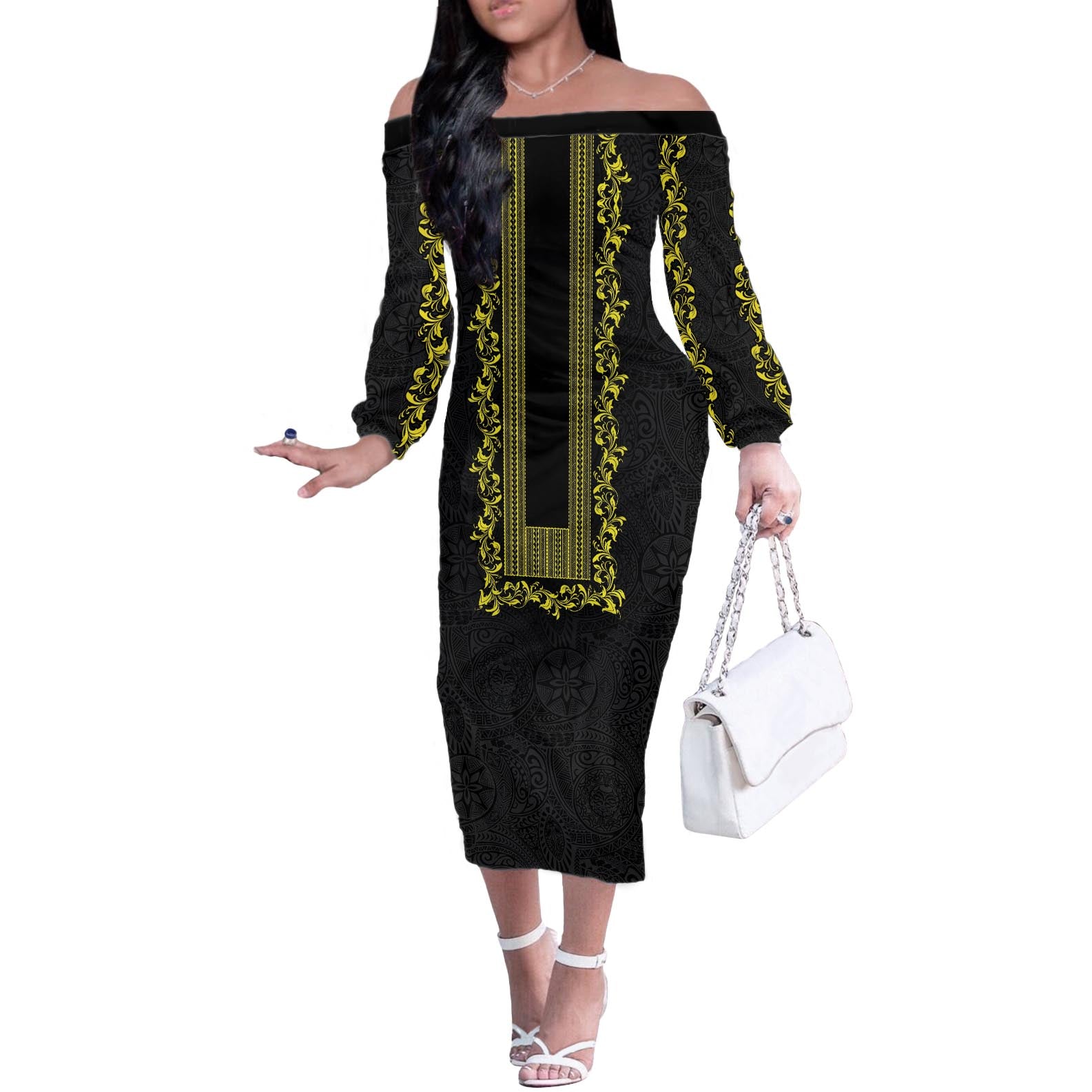 Philippines Polynesian Floral Pattern Off The Shoulder Long Sleeve Dress With Barong Tagalog Black Style