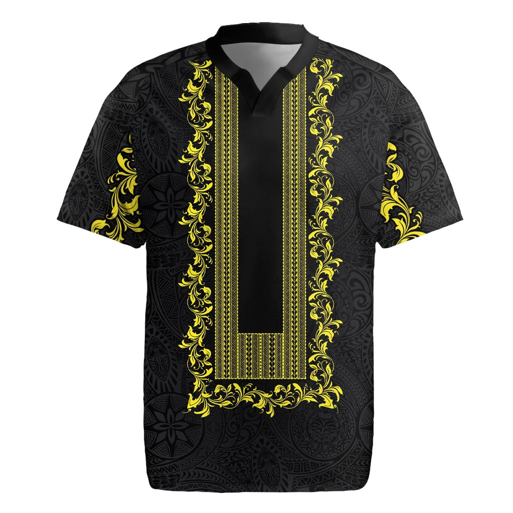Philippines Polynesian Floral Pattern Rugby Jersey With Barong Tagalog Black Style