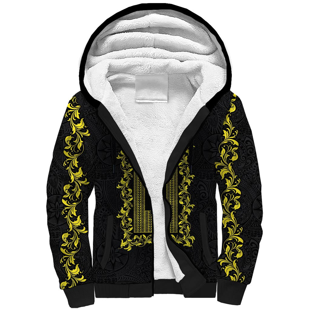 Philippines Polynesian Floral Pattern Sherpa Hoodie With Barong Tagalog Black Style