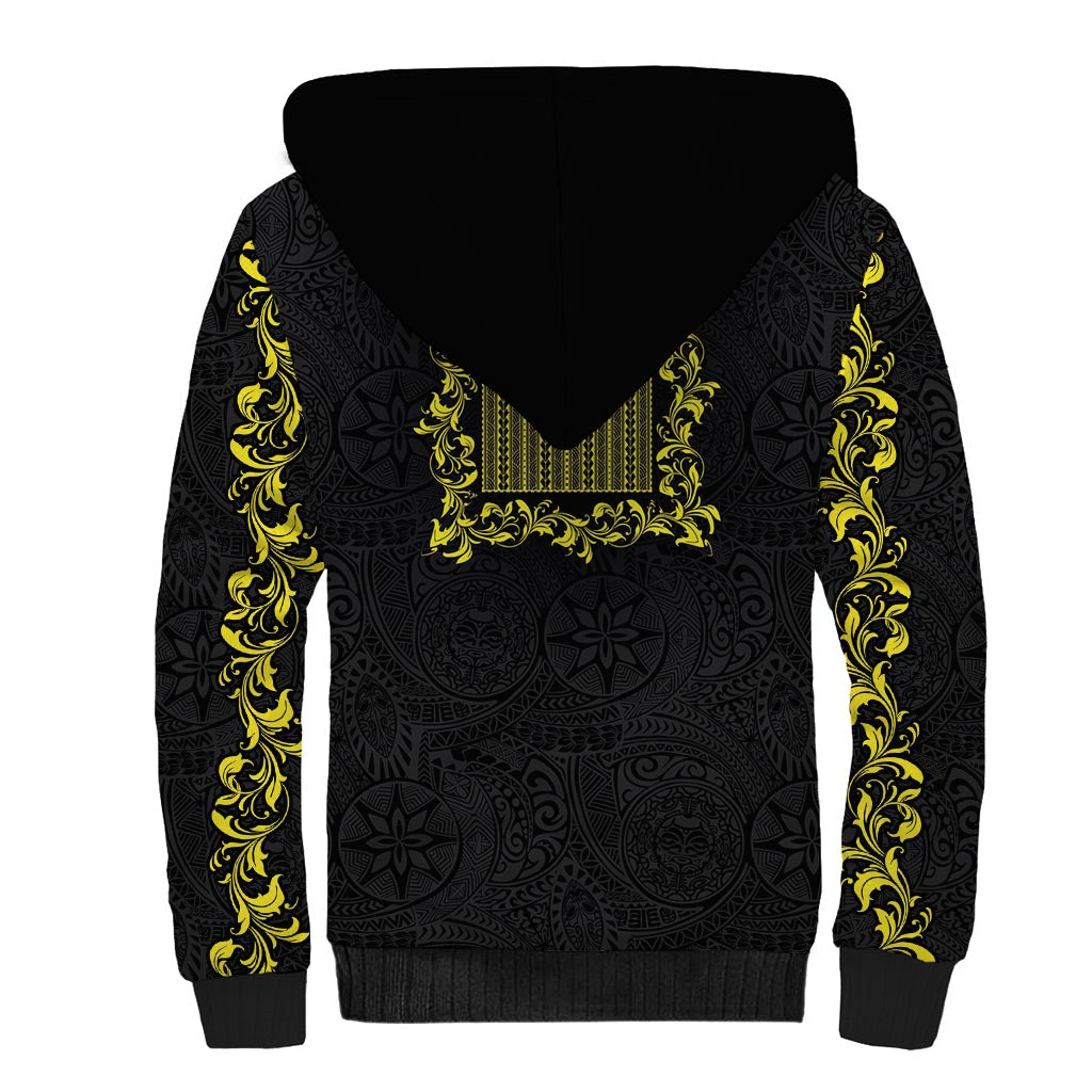 Philippines Polynesian Floral Pattern Sherpa Hoodie With Barong Tagalog Black Style