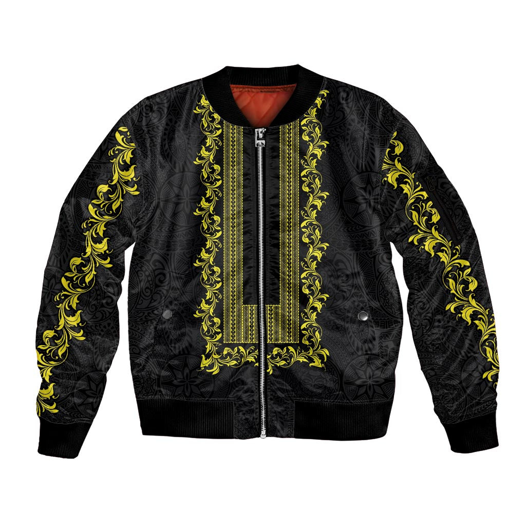Philippines Polynesian Floral Pattern Sleeve Zip Bomber Jacket With Barong Tagalog Black Style