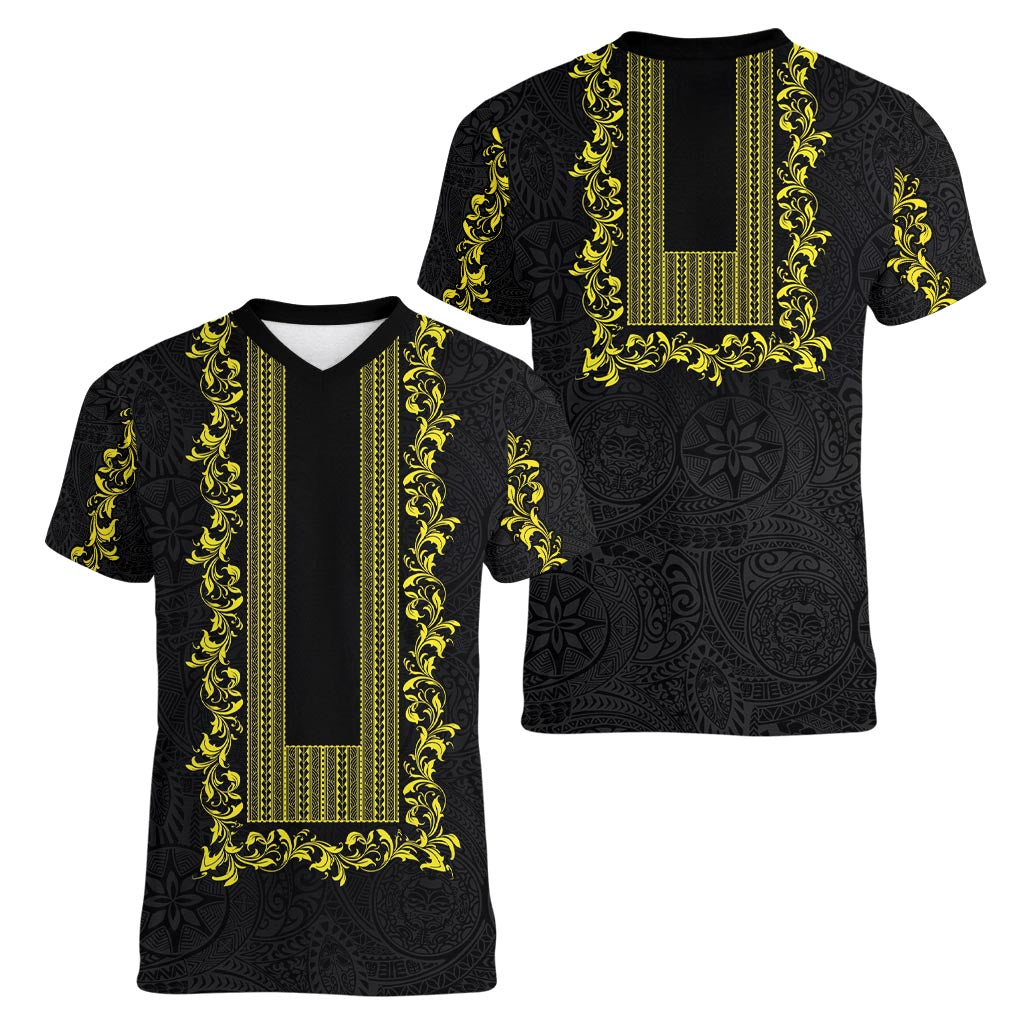 Philippines Polynesian Floral Pattern Women V-Neck T-Shirt With Barong Tagalog Black Style