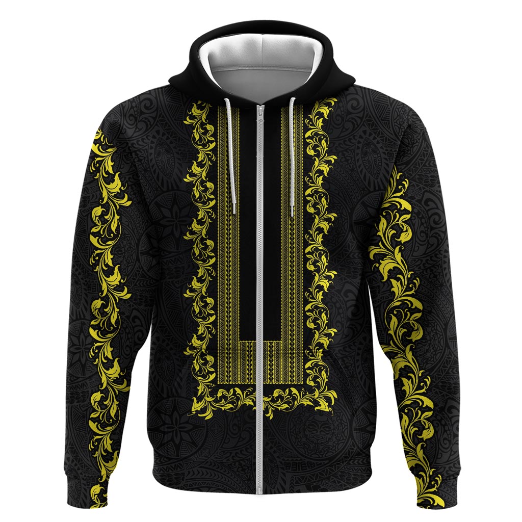 Philippines Polynesian Floral Pattern Zip Hoodie With Barong Tagalog Black Style