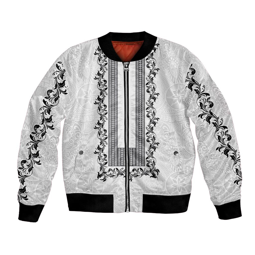 Philippines Polynesian Floral Pattern Bomber Jacket With Barong Tagalog White Style