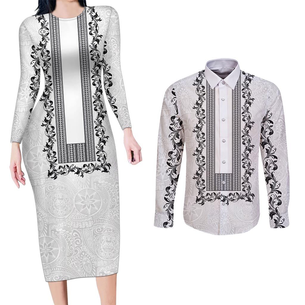 Philippines Polynesian Floral Pattern Couples Matching Long Sleeve Bodycon Dress and Long Sleeve Button Shirt With Barong Tagalog White Style