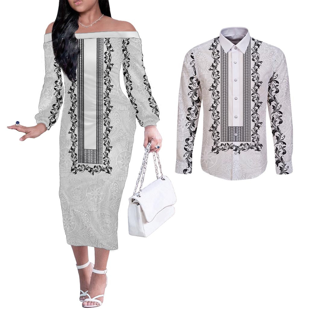 Philippines Polynesian Floral Pattern Couples Matching Off The Shoulder Long Sleeve Dress and Long Sleeve Button Shirt With Barong Tagalog White Style