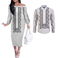 Philippines Polynesian Floral Pattern Couples Matching Off The Shoulder Long Sleeve Dress and Long Sleeve Button Shirt With Barong Tagalog White Style