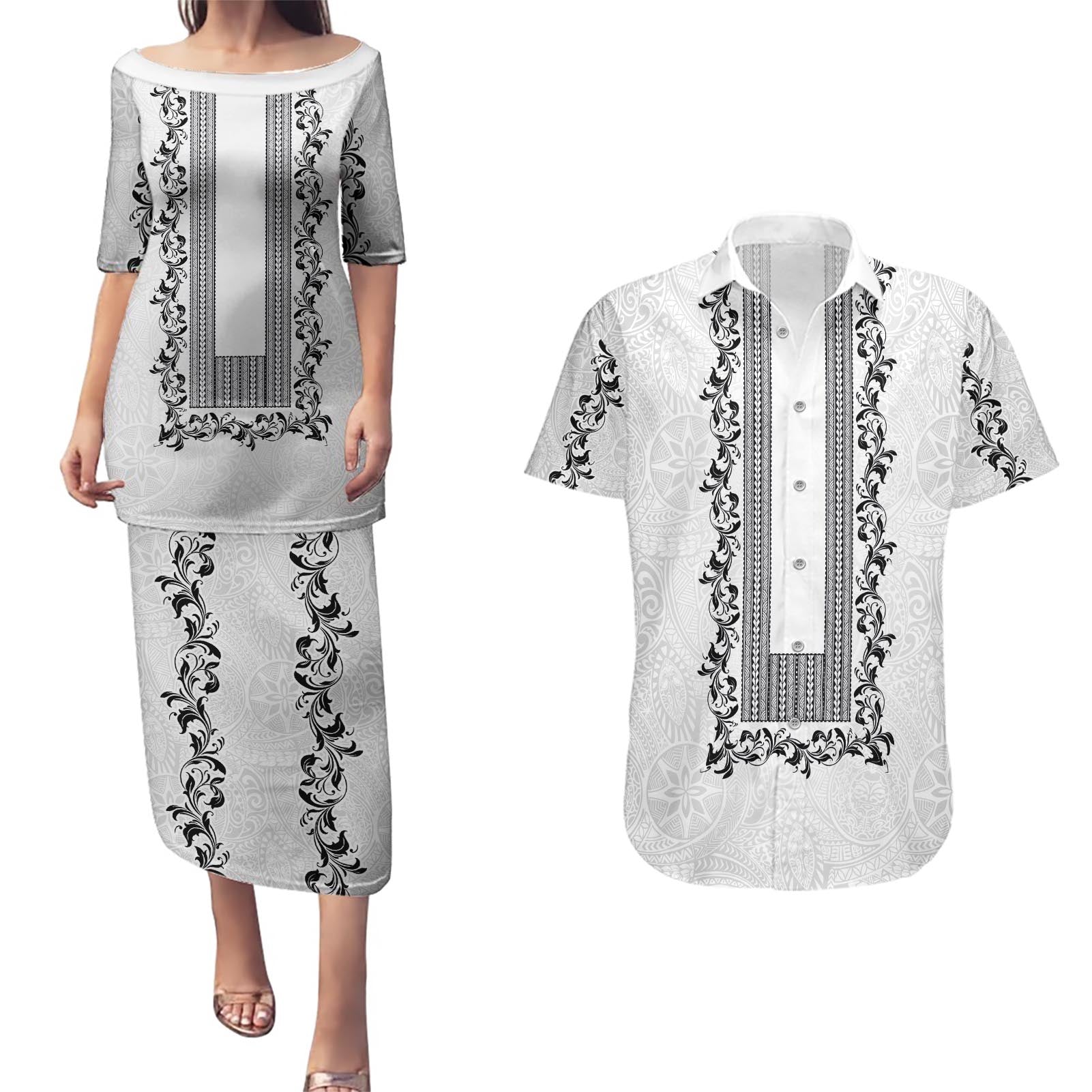 Philippines Polynesian Floral Pattern Couples Matching Puletasi and Hawaiian Shirt With Barong Tagalog White Style