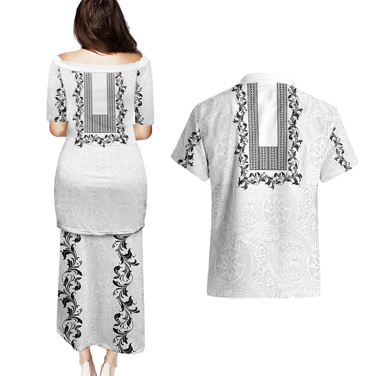 Philippines Polynesian Floral Pattern Couples Matching Puletasi and Hawaiian Shirt With Barong Tagalog White Style