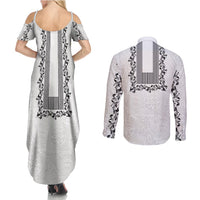Philippines Polynesian Floral Pattern Couples Matching Summer Maxi Dress and Long Sleeve Button Shirt With Barong Tagalog White Style