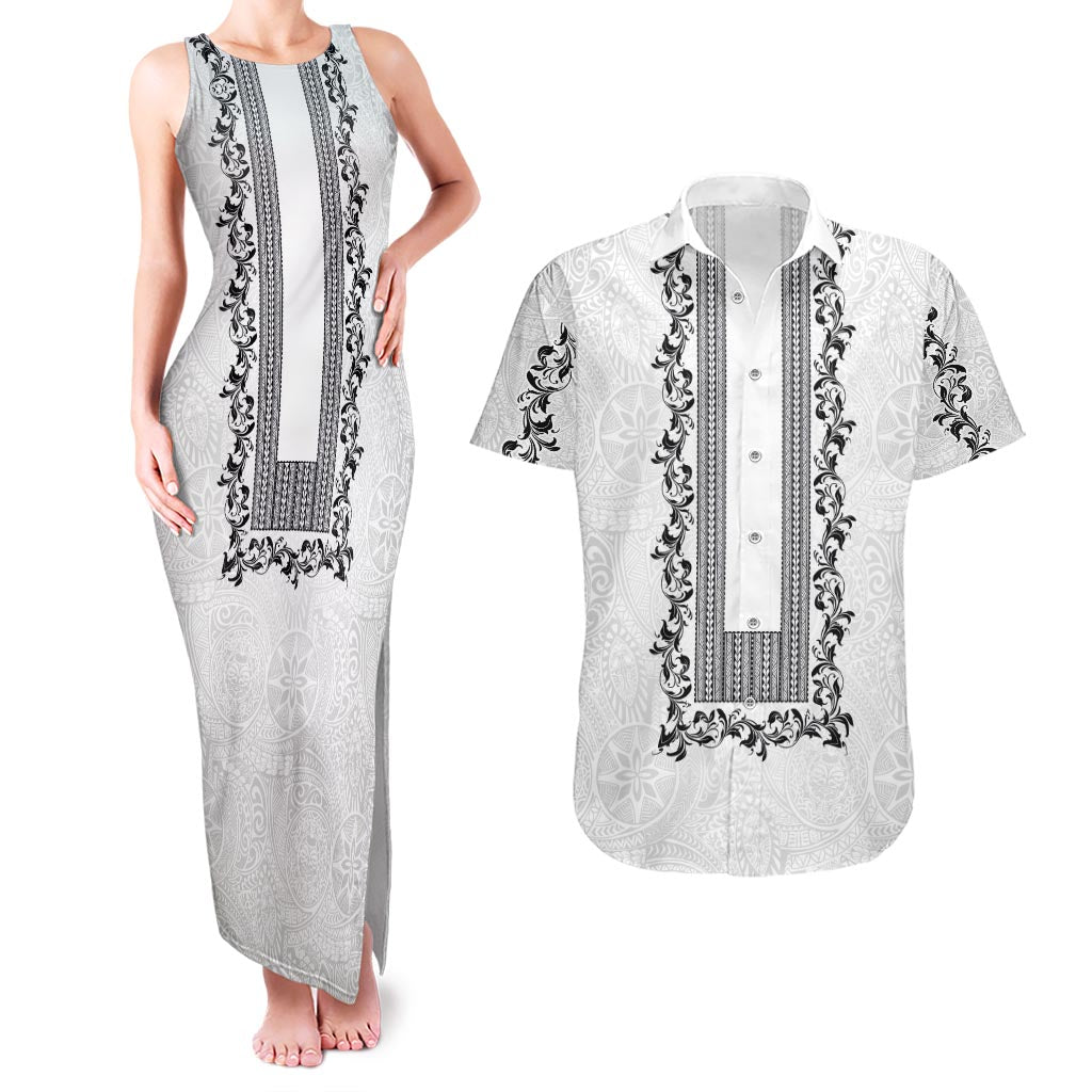 Philippines Polynesian Floral Pattern Couples Matching Tank Maxi Dress and Hawaiian Shirt With Barong Tagalog White Style