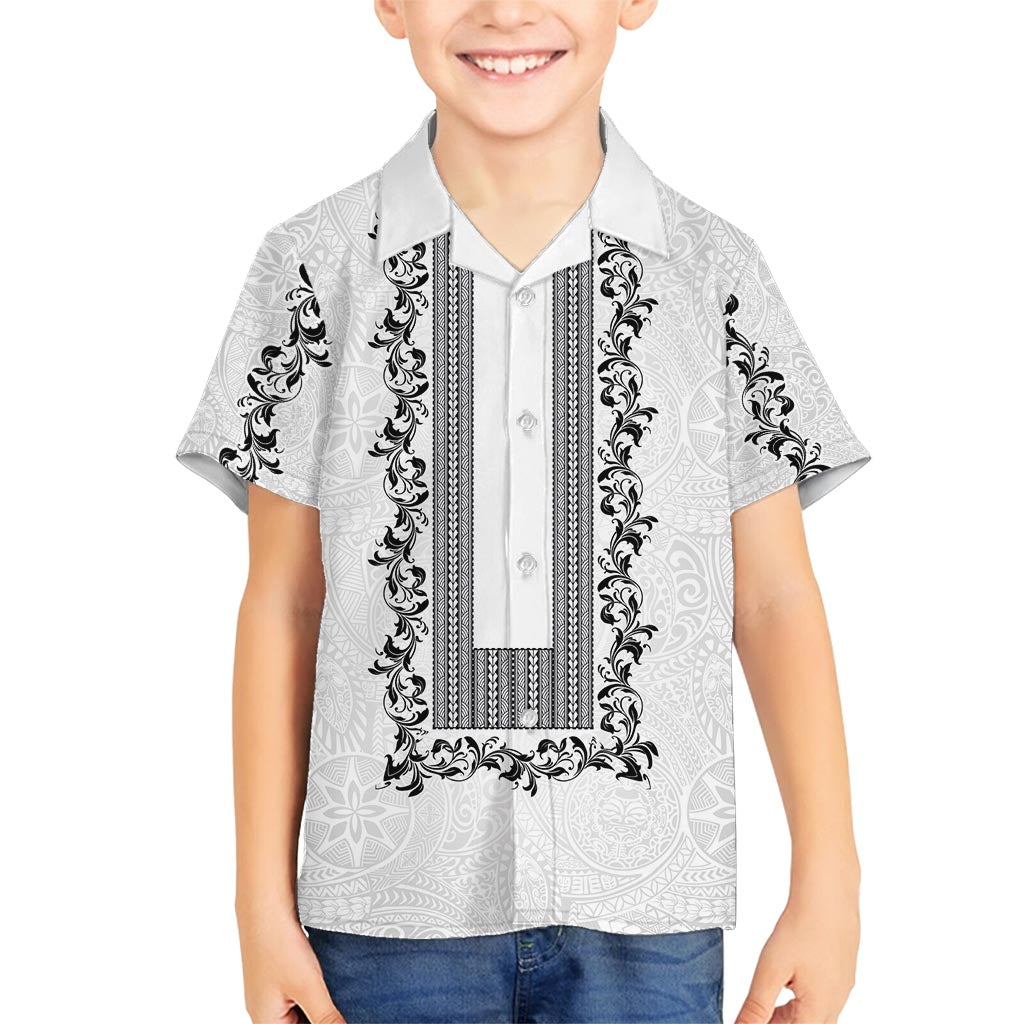 Philippines Polynesian Floral Pattern Family Matching Tank Maxi Dress and Hawaiian Shirt With Barong Tagalog White Style