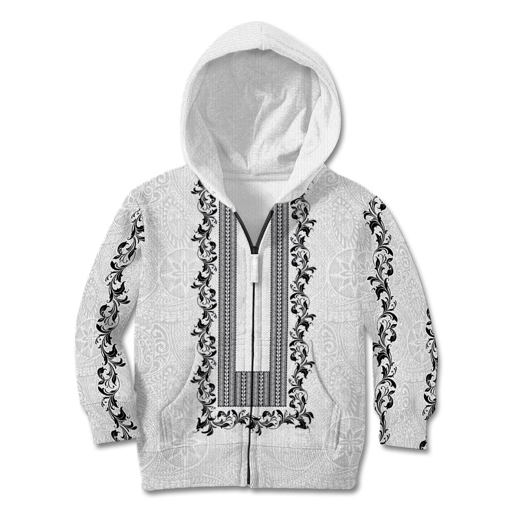 Philippines Polynesian Floral Pattern Kid Hoodie With Barong Tagalog White Style