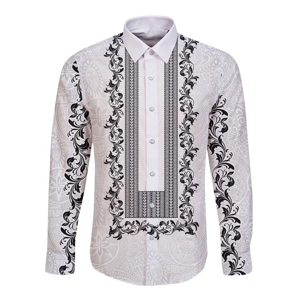 Philippines Polynesian Floral Pattern Long Sleeve Button Shirt With Barong Tagalog White Style