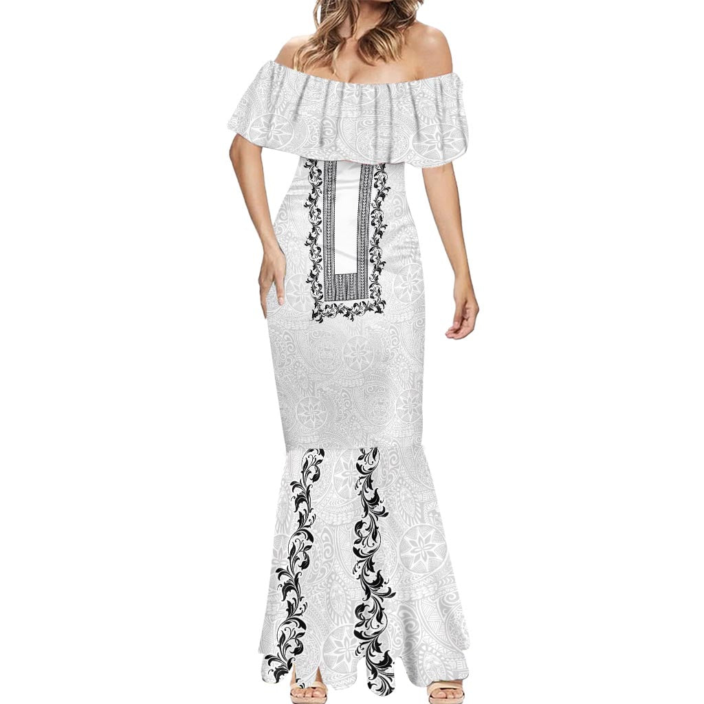 Philippines Polynesian Floral Pattern Mermaid Dress With Barong Tagalog White Style