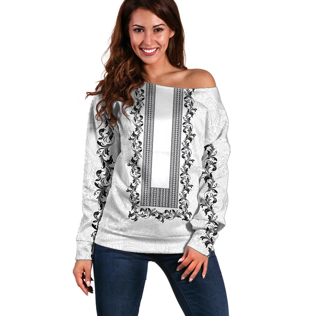 Philippines Polynesian Floral Pattern Off Shoulder Sweater With Barong Tagalog White Style