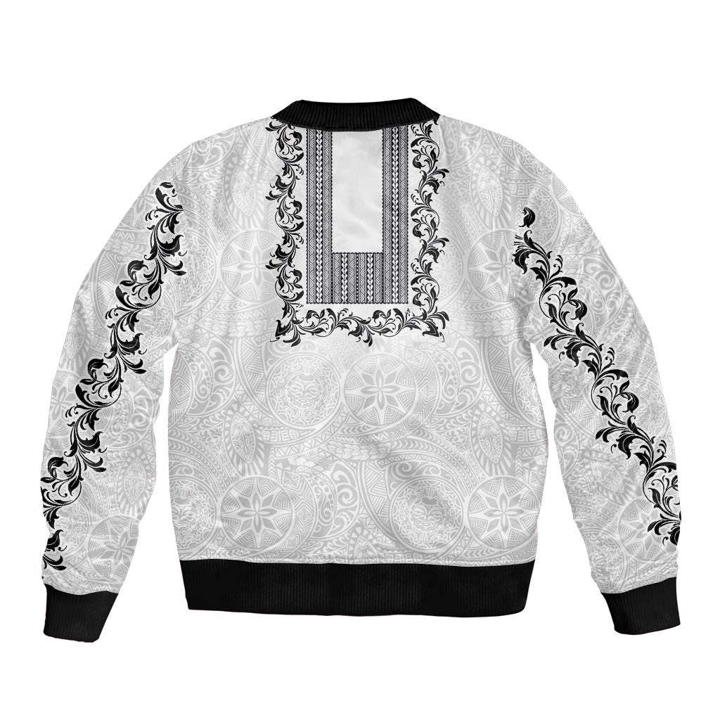 Philippines Polynesian Floral Pattern Sleeve Zip Bomber Jacket With Barong Tagalog White Style