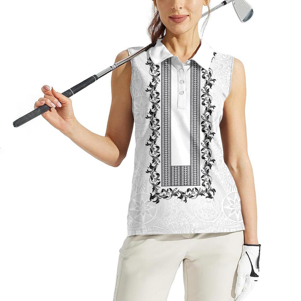 Philippines Polynesian Floral Pattern Women Sleeveless Polo Shirt With Barong Tagalog White Style