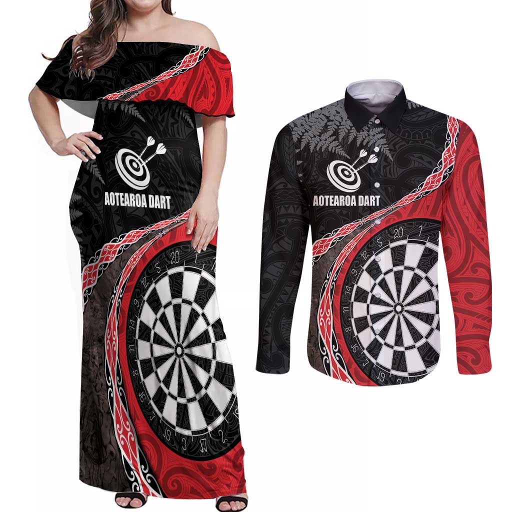 Personalised New Zealand Darts Couples Matching Off Shoulder Maxi Dress and Long Sleeve Button Shirt Koru Tribal Tattoo and Silver Fern Maori Pattern Red Color