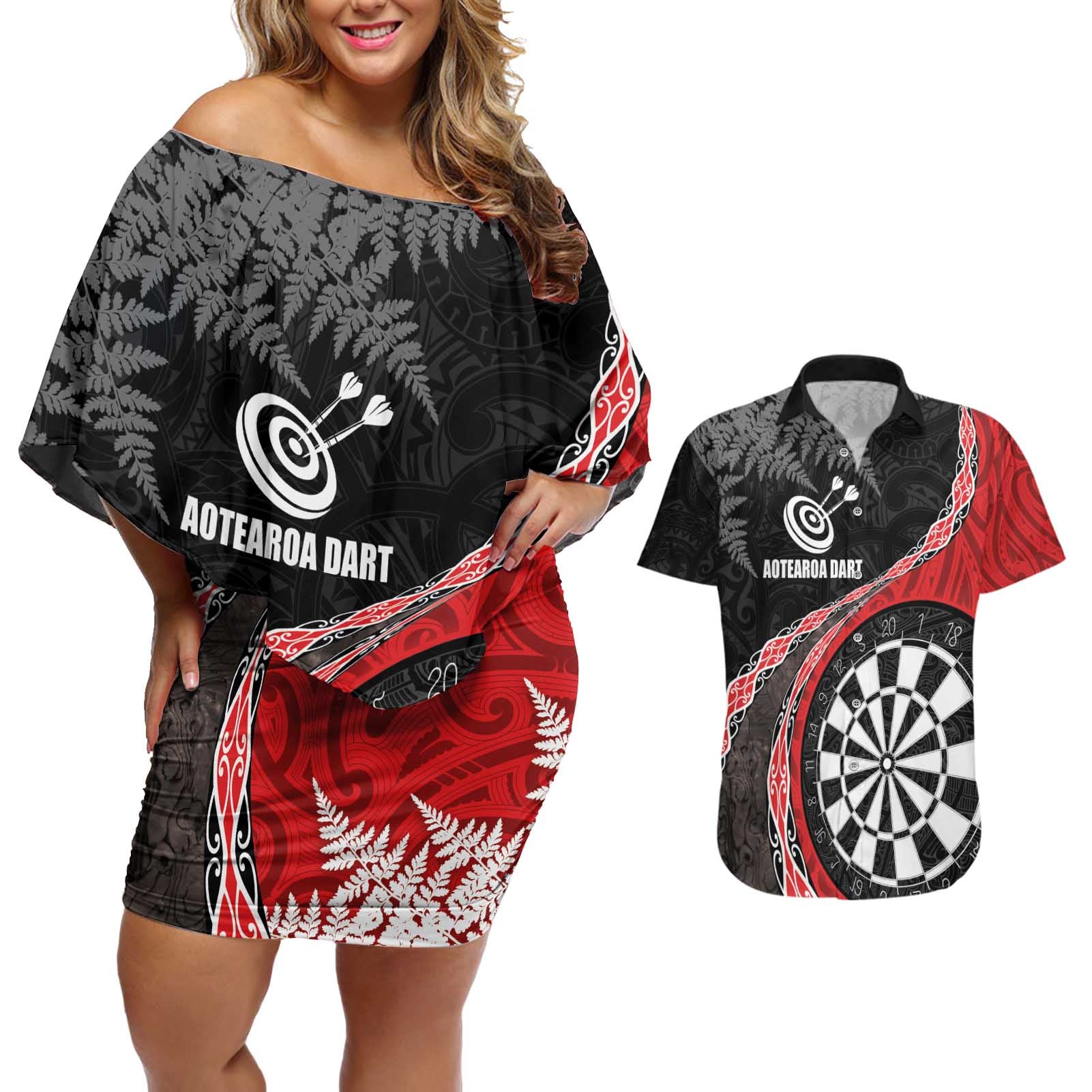 Personalised New Zealand Darts Couples Matching Off Shoulder Short Dress and Hawaiian Shirt Koru Tribal Tattoo and Silver Fern Maori Pattern Red Color