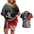 Personalised New Zealand Darts Couples Matching Off Shoulder Short Dress and Hawaiian Shirt Koru Tribal Tattoo and Silver Fern Maori Pattern Red Color